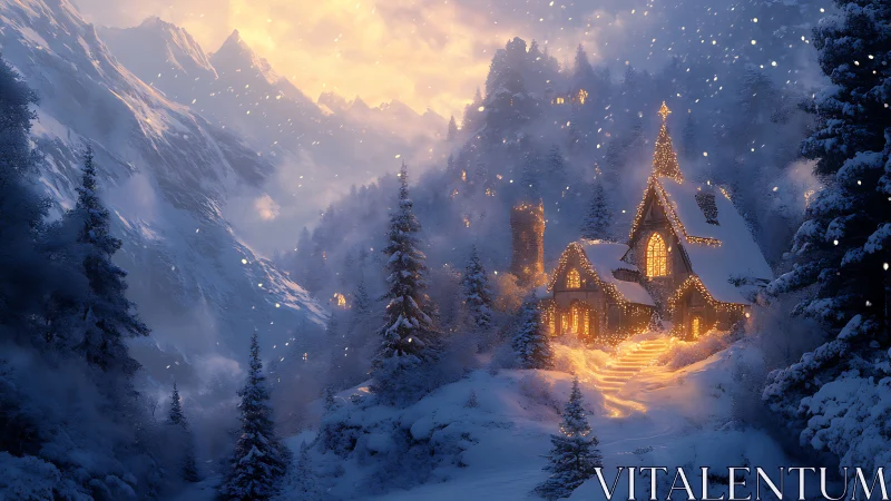 Snowy mountain village with illuminated winter chapel.