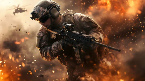 Armored soldier charging through explosive battlefield firestorm.