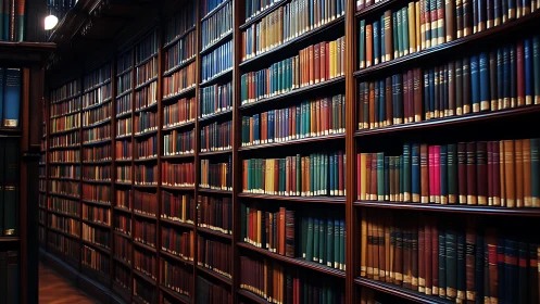 Historic library shelves lined with colorful hardback volumes.