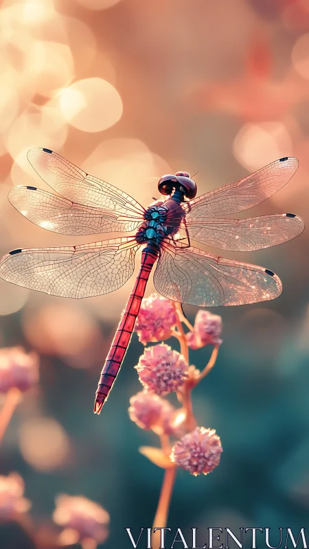 Dragonfly rests on pastel blooms in glowing sunset bokeh