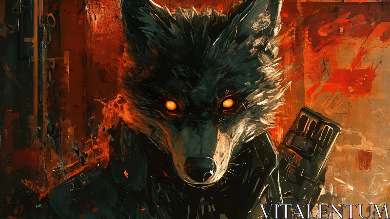 Cybernetic wolf with burning eyes haunts a dystopian battlefield
