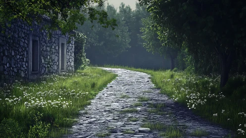 Sunlit stone lane curving past an abandoned woodland cottage.