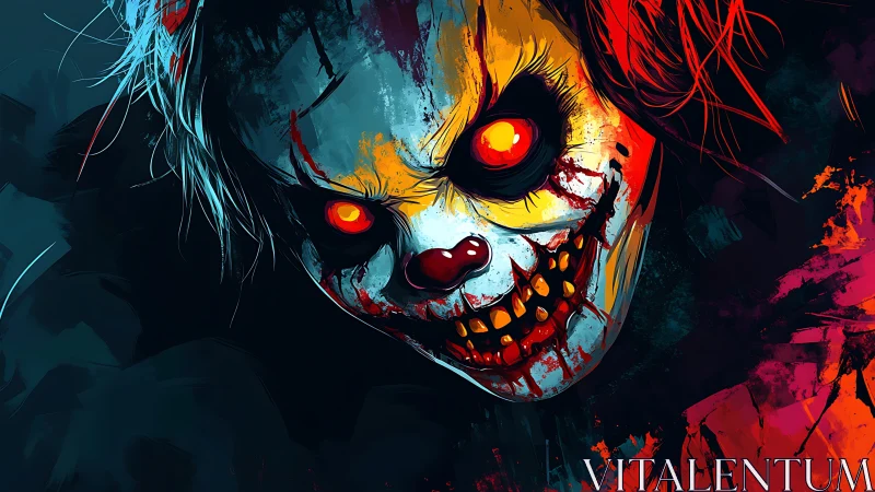 Sinister horror clown portrait with glowing orange eyes.