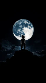 Silhouetted spiky‑haired warrior aligned against high‑contrast lunar disk