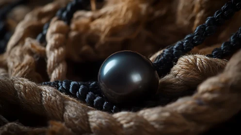 Macro study of black pearl on braided hemp and nylon cord.