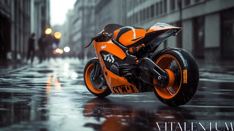 Orange racing superbike stands on wet city street in rain