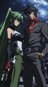 Dual anime fighters under moonlit sky with tactical outfits.