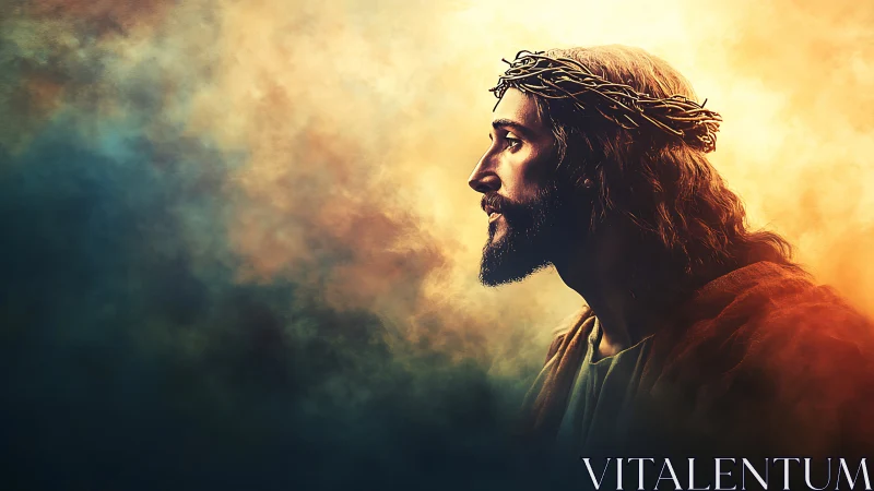 Crowned figure in holy light amid swirling celestial haze.