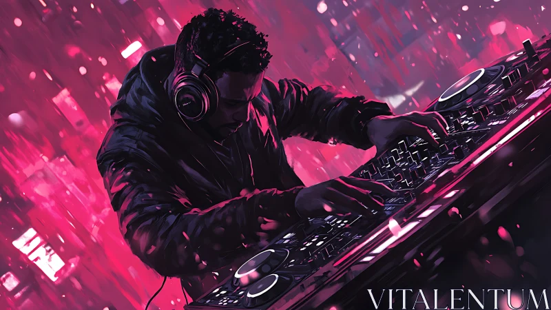 Neon storm DJ bends citylight into pulsing night rhythms.