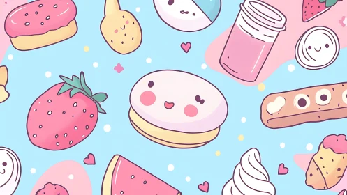 Kawaii pastel desserts pattern with smiling sweet treats.