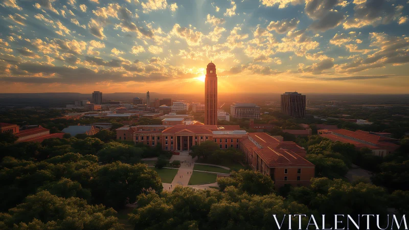Photorealistic campus skyline with central tower at sunset.
