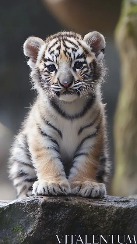 Tiger cub sits on rock in soft diffused forest light.