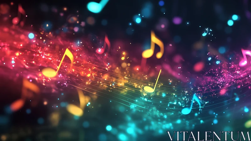 Neon music notes swirl through cosmic color waves of sound.