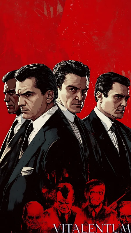 Stark noir portrait of suited gangsters with high-contrast inking