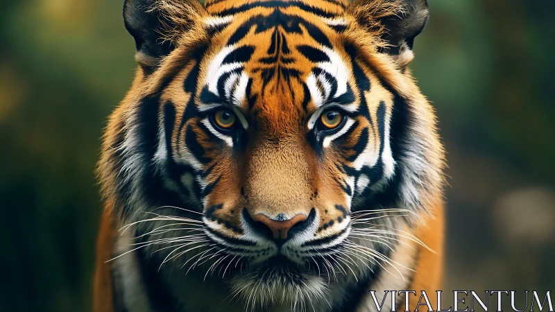 Predatory tiger portrait with razor-sharp gaze and bokeh backdrop.