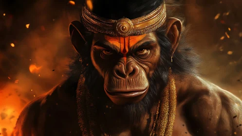 Firelit simian warrior stares down fate with molten calm