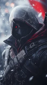 Hooded cybernetic assassin stands in blizzard with red eye