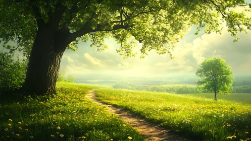 Sunlit rural path under expansive spring foliage glows softly