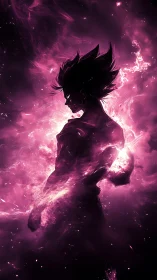 Cosmic warrior silhouette ignites within violet nebula storm.