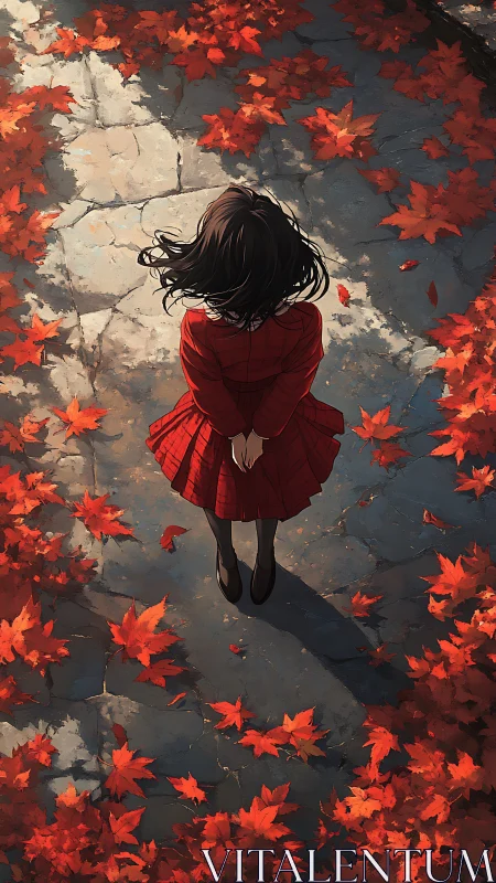 Overhead autumn portrait of girl in red dress on stone path