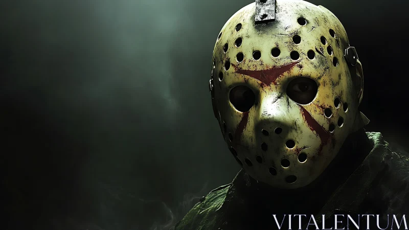 Hockey mask killer portrait in dark horror lighting.