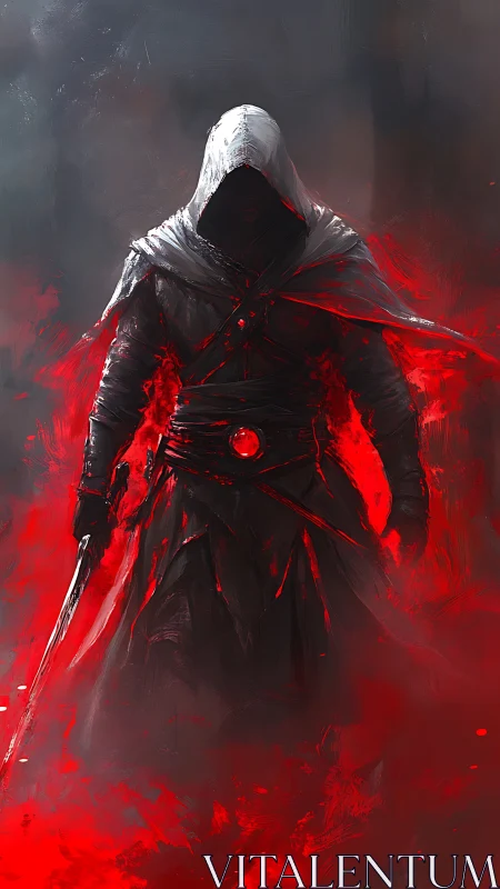 Hooded dark warrior walking through red swirling energy.