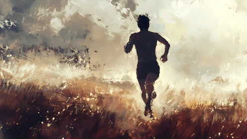 Silhouetted runner advances through abstract sunlit field space