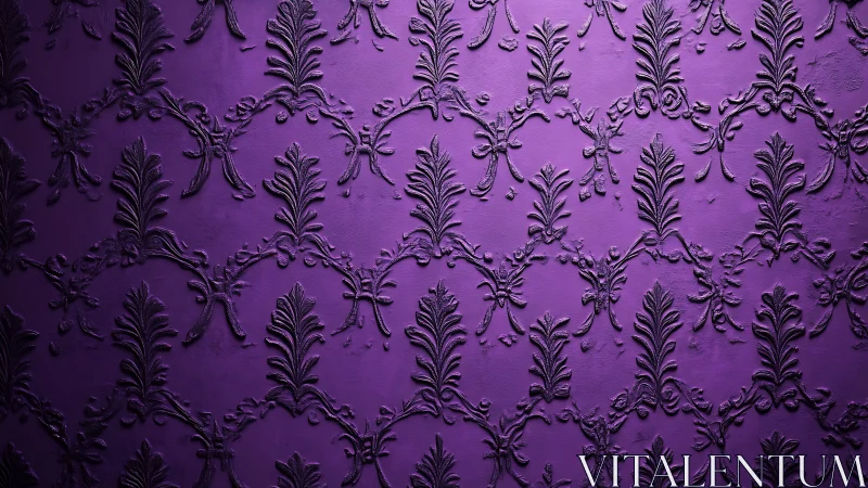 Embossed purple damask wall shows repeating floral relief pattern
