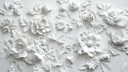 White Floral Relief Sculpture: Dimensional Botanical Composition