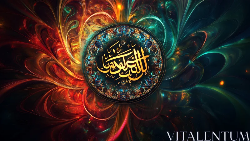 Radiant Arabic calligraphy medallion amid cosmic swirls.