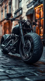 Low-angle hyperdetailed black street cruiser motorcycle rendering.