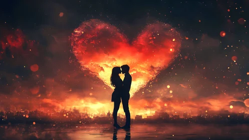 Silhouetted Couple Kissing Against Fiery Heart Explosion