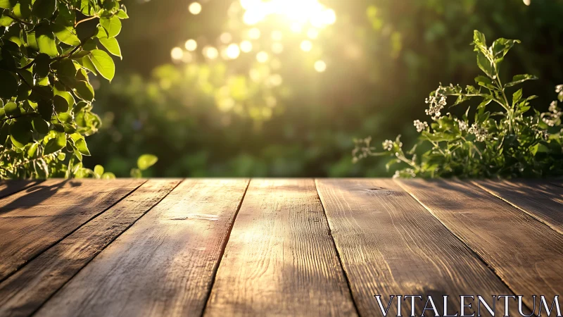 Rustic wooden table with garden plants in warm morning sunlight.
