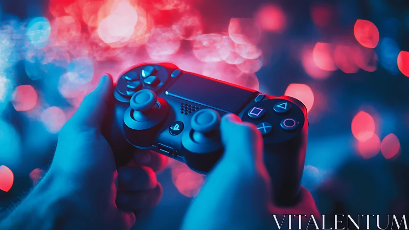 Neon lit gaming controller in cinematic blue red bokeh glow.