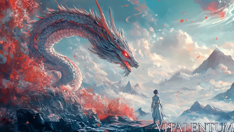 Dragon confronts lone figure on cliff above misty mountains