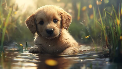 Golden puppy plays in a sunlit pond with dreamy warmth