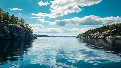 Glacial fjord landscape renders crisp reflections on calm water