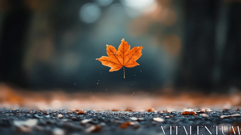 Golden autumn leaf floats gently above a quiet path
