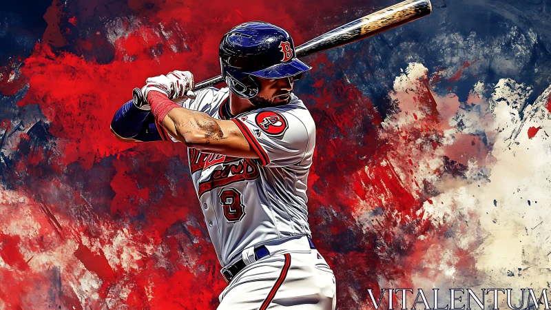 Baseball batter in mid swing on bold painted backdrop.