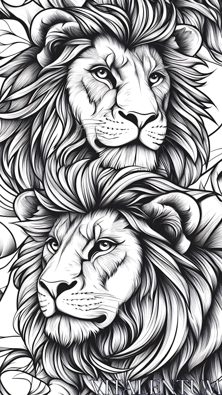 Bold twin lions share a flowing black and white mane