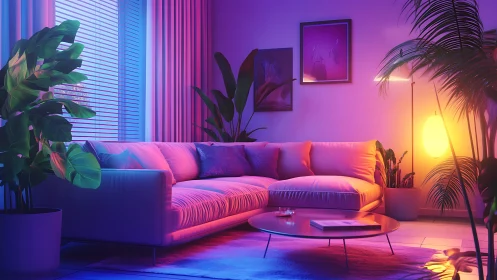 Neon-lit pastel sofa lounge with lush indoor foliage decor.