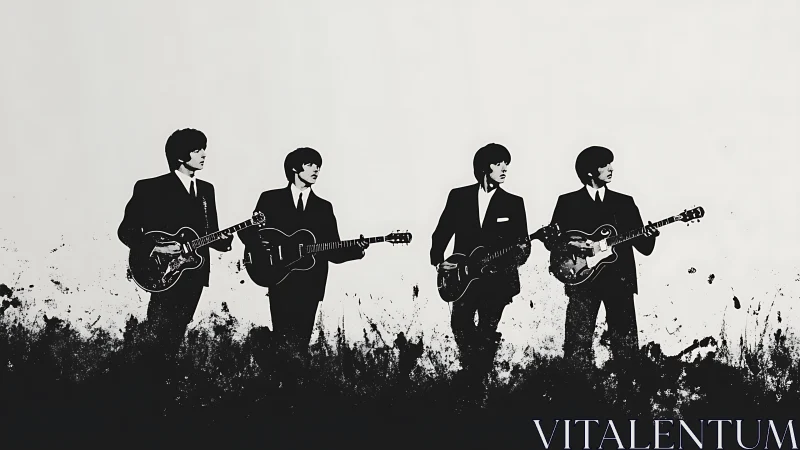 Monochrome guitar quartet in ink-splatter silhouette style.