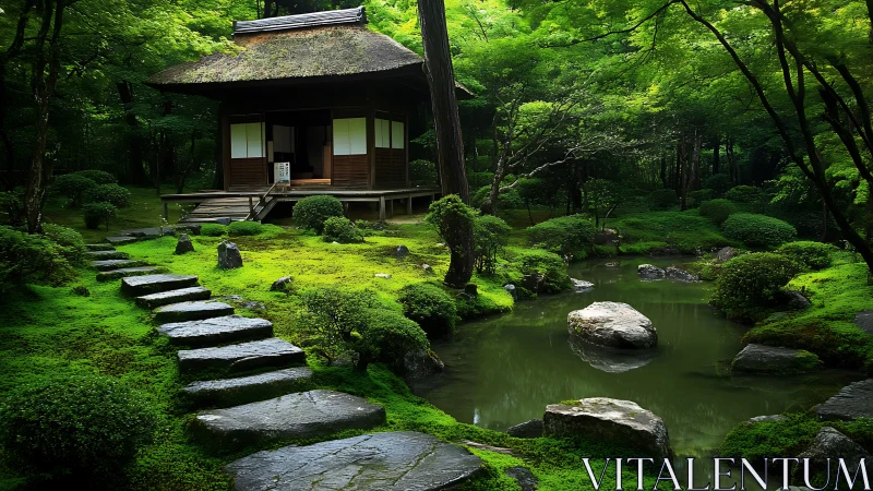 Traditional Japanese tea house beside moss garden pond