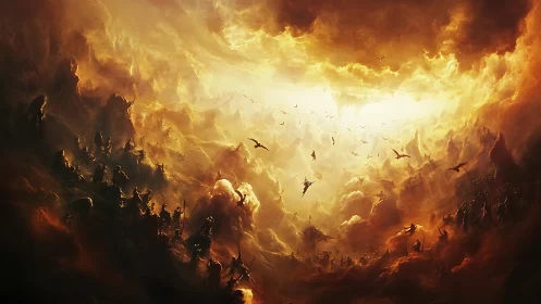 Fiery sky battlefield unfolds in swirling golden stormlight