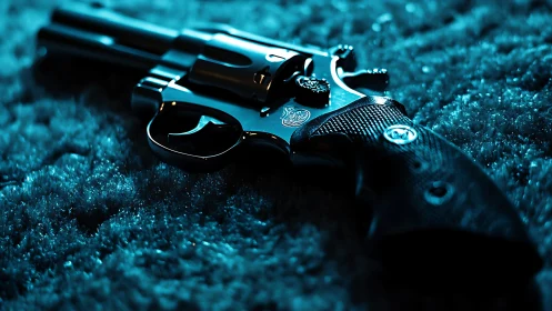 Gleaming revolver rests in cool blue light on soft carpet