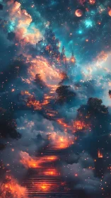 Fantasy celestial staircase ascending to luminous sky citadel.