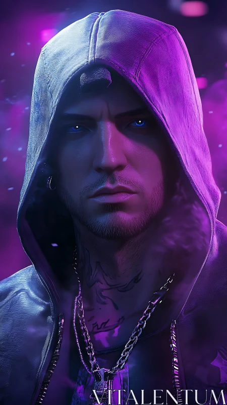 Hooded cyberpunk character in neon purple lighting portrait.