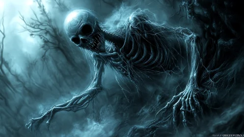 Skeletal corpse crawls through misty blue horror forest scene