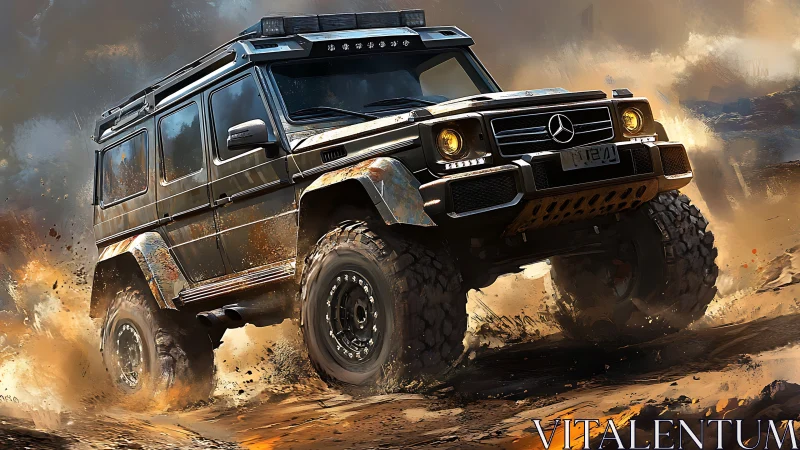 Off road SUV powers through explosive desert mud storm.