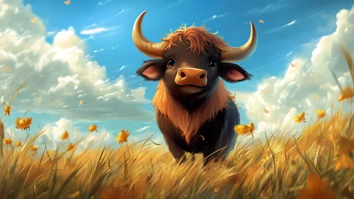 Digital rendering shows horned bovine in sunlit field